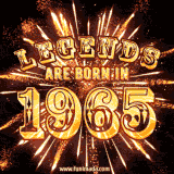 A brilliant golden animated design with fireworks, featuring bold text that reads 'Legends Are Born in 1965,' celebrating new births and milestone birthdays.