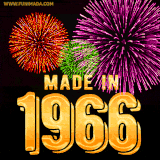 A celebratory golden animation reading 'Made in 1966,' with bright, colorful fireworks bursting in the background to mark a memorable occasion.