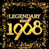 A shimmering golden text animation reading 'Legendary since 1968' surrounded by twinkling stars.
