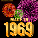 A celebratory golden animation reading 'Made in 1969,' with bright, colorful fireworks bursting in the background to mark a memorable occasion.