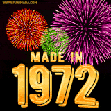 A celebratory golden animation reading 'Made in 1972,' with bright, colorful fireworks bursting in the background to mark a memorable occasion.