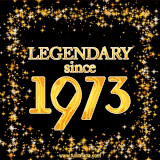 A shimmering golden text animation reading 'Legendary since 1973' surrounded by twinkling stars.