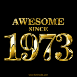 A sleek black background with shiny golden text reading 'Awesome Since 1973,' sparkling with reflections, celebrating those born or achieving milestones in 1973.
