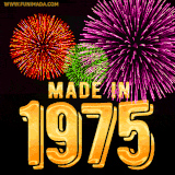 A celebratory golden animation reading 'Made in 1975,' with bright, colorful fireworks bursting in the background to mark a memorable occasion.