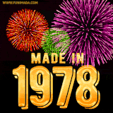 A celebratory golden animation reading 'Made in 1978,' with bright, colorful fireworks bursting in the background to mark a memorable occasion.