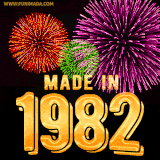 A celebratory golden animation reading 'Made in 1982,' with bright, colorful fireworks bursting in the background to mark a memorable occasion.