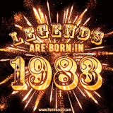 A brilliant golden animated design with fireworks, featuring bold text that reads 'Legends Are Born in 1983,' celebrating new births and milestone birthdays.