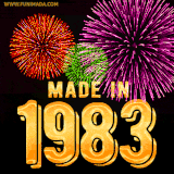 A celebratory golden animation reading 'Made in 1983,' with bright, colorful fireworks bursting in the background to mark a memorable occasion.