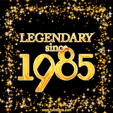 A shimmering golden text animation reading 'Legendary since 1985' surrounded by twinkling stars.