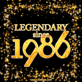 A shimmering golden text animation reading 'Legendary since 1986' surrounded by twinkling stars.