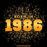A sparkling black and gold animation with bold golden text reading 'Born in 1986,' surrounded by shimmering confetti.