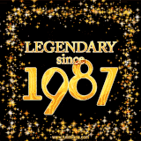 A shimmering golden text animation reading 'Legendary since 1987' surrounded by twinkling stars.