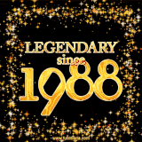A shimmering golden text animation reading 'Legendary since 1988' surrounded by twinkling stars.