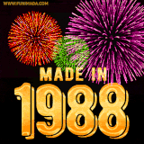 A celebratory golden animation reading 'Made in 1988,' with bright, colorful fireworks bursting in the background to mark a memorable occasion.