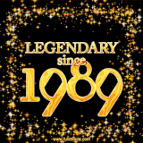 A shimmering golden text animation reading 'Legendary since 1989' surrounded by twinkling stars.