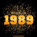A sparkling black and gold animation with bold golden text reading 'Born in 1989,' surrounded by shimmering confetti.