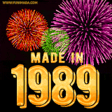 A celebratory golden animation reading 'Made in 1989,' with bright, colorful fireworks bursting in the background to mark a memorable occasion.