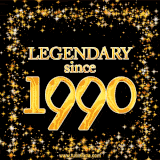A shimmering golden text animation reading 'Legendary since 1990' surrounded by twinkling stars.