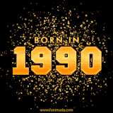 A sparkling black and gold animation with bold golden text reading 'Born in 1990,' surrounded by shimmering confetti.