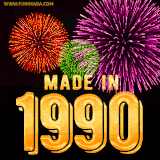 A celebratory golden animation reading 'Made in 1990,' with bright, colorful fireworks bursting in the background to mark a memorable occasion.
