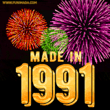 A celebratory golden animation reading 'Made in 1991,' with bright, colorful fireworks bursting in the background to mark a memorable occasion.