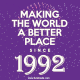 Animated text GIF featuring fireworks burst in the background as bold white text proudly states 'Making the World a Better Place Since 1992.'