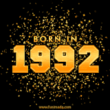 A sparkling black and gold animation with bold golden text reading 'Born in 1992,' surrounded by shimmering confetti.