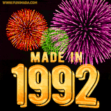 A celebratory golden animation reading 'Made in 1992,' with bright, colorful fireworks bursting in the background to mark a memorable occasion.