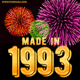 A celebratory golden animation reading 'Made in 1993,' with bright, colorful fireworks bursting in the background to mark a memorable occasion.