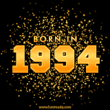 A sparkling black and gold animation with bold golden text reading 'Born in 1994,' surrounded by shimmering confetti.