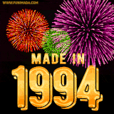 A celebratory golden animation reading 'Made in 1994,' with bright, colorful fireworks bursting in the background to mark a memorable occasion.