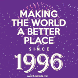 Animated text GIF featuring fireworks burst in the background as bold white text proudly states 'Making the World a Better Place Since 1996.'