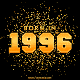 A sparkling black and gold animation with bold golden text reading 'Born in 1996,' surrounded by shimmering confetti.