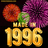 A celebratory golden animation reading 'Made in 1996,' with bright, colorful fireworks bursting in the background to mark a memorable occasion.