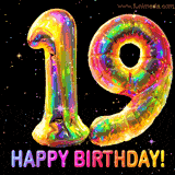 Shiny number 19 birthday celebration balloons with an iridescent glow and glitter on a black background with twinkling stars.