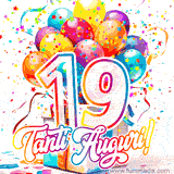 Animazione con palloncini colorati e scintillanti, accompagnata dal numero 19 in caratteri grandi e luminosi, e la scritta 'Tanti Auguri!' in stile vivace.