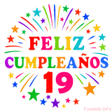 Imagen animada para felicitar los 19 años con letras de colores y diseño festivo.