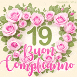 GIF per il 19° compleanno con un cuore di rose rosa e scritta elegante