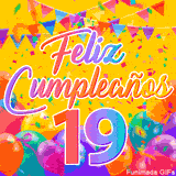 Un GIF animado para un 19º cumpleaños, Muestra el texto 'Feliz Cumpleaños 19' sobre un fondo amarillo vibrante con globos de colores, banderines y una lluvia de confeti.