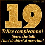 Un GIF animato per un 19° compleanno, Presenta il testo 'Buon Compleanno 19' su uno sfondo giallo vivo con palloncini colorati, festoni e una pioggia di coriandoli.