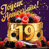 Une animation de célébration d'un gâteau de 19ème anniversaire, Des étoiles dorées tombent du ciel, mettant en valeur le texte 'Joyeux Anniversaire !' et le nombre doré 19 à l'avant du gâteau.
