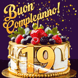 Un GIF animato di una bellissima torta per il 19° compleanno con glassa dorata e frutti di bosco freschi, Il numero dorato 19 è davanti, e stelle cadono su uno sfondo viola scuro.