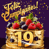 Una animación de celebración de una tarta para el 19º cumpleaños, Estrellas doradas caen del cielo, destacando el texto '¡Feliz Cumpleaños!' y el número dorado 19 en la tarta.