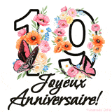 Ce GIF de Joyeux 19ème Anniversaire présente le nombre vingt rempli d'un bouquet vibrant de fleurs animées, avec des papillons qui bougent doucement sur un fond blanc.