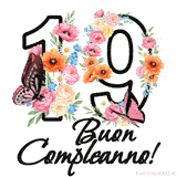 Questo GIF di Buon 19° Compleanno mostra il numero venti riempito con un vibrante bouquet di fiori animati, con farfalle che si muovono dolcemente su uno sfondo bianco.