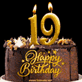 19 Birthday Chocolate Cake with Gold Glitter Number 19 Candles (GIF)