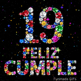 Fondo negro con estrellas brillantes que sostiene al número 19 y las palabras FELIZ CUMPLE, ambos construidos con múltiples piedras preciosas.