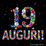 Animazione con il numero 19 e la parola Auguri creati da pietre preziose colorate, con un effetto scintillante su sfondo nero.