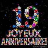 Image animée montrant le chiffre 19 et le texte Joyeux Anniversaire composés de pierres précieuses, avec un effet de scintillement sur fond noir.