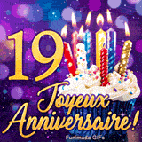 Image d'anniversaire 19 ans en GIF avec un cupcake festif, des bougies étincelantes et le nombre 19 doré.